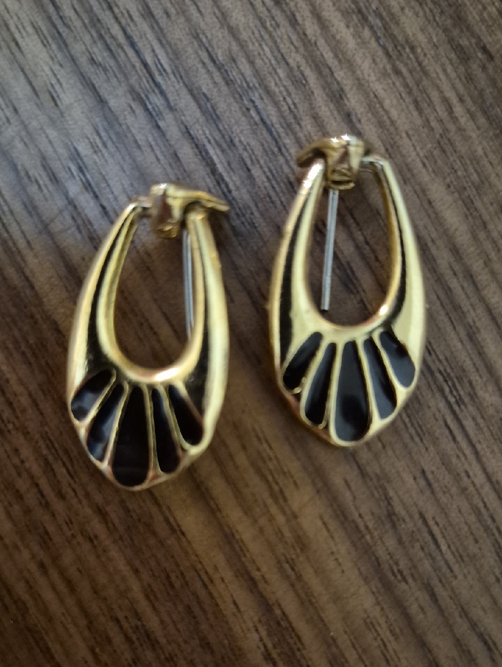 Gold Hoop Earrings with Black Enamel Accents - Women Jewelry